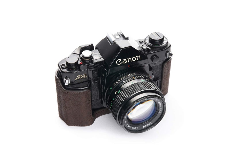 BolinUS A-1 Case, BolinUS Handmade Genuine Real Leather Half Camera Case Bag Cover for Canon New AE-1 AE-1P A-1 (with Handle) Camera with Hand Strap (Coffee) - Image 3